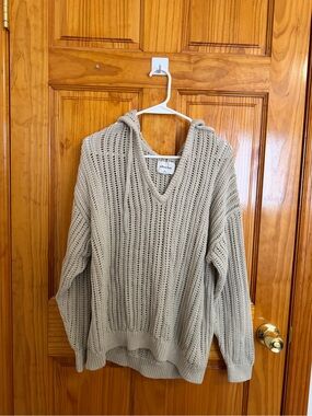 Wilfred Taupe Open-Knit V-Neck Hoodie Sweater